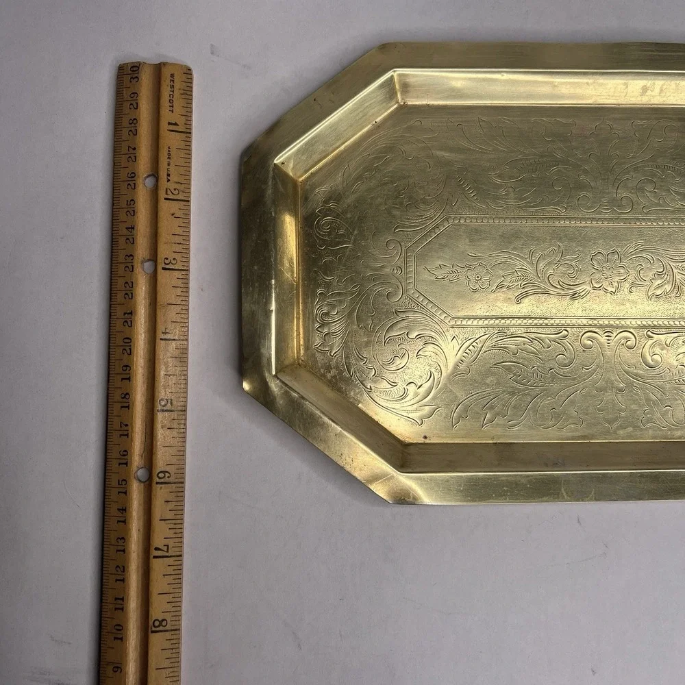 Vintage Large Solid Brass Tray Scalloped Raised Edge Oval 10